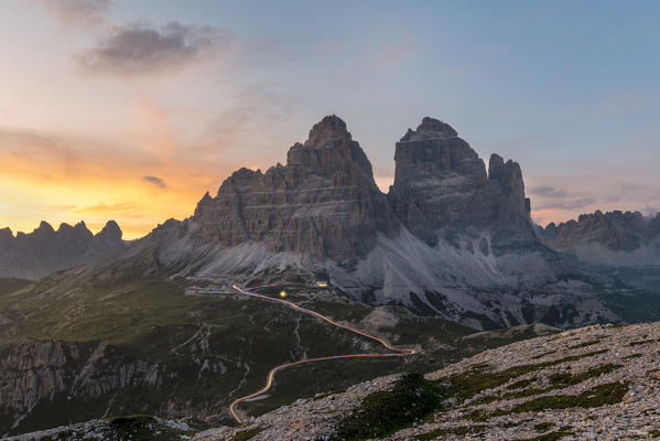 Mount Campedelle, Misurina, Auronzo di Cadore, province of Belluno, Veneto, Italy, Europe. The Tre Cime di Lavaredo at sunset