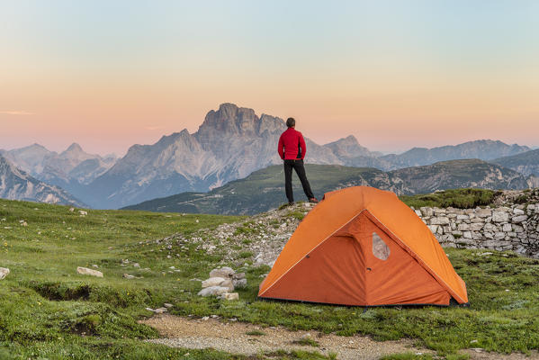 Mount Campedelle, Misurina, Auronzo di Cadore, province of Belluno, Veneto, Italy, Europe. Sunrise at the top of Mount Campedelle