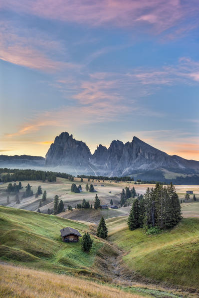 Alpe di Siusi/Seiser Alm, Dolomites, South Tyrol, Italy. Sunrise on the Alpe di Siusi/Seiser Alm