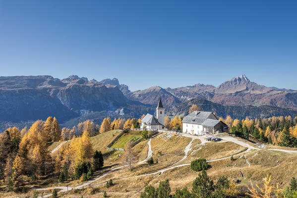 Alta Badia, Bolzano province, South Tyrol, Italy, Europe. 
 The pilgrimage church La Crusc and the La Crusc refuge