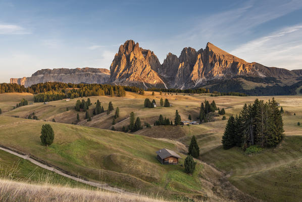 Alpe di Siusi/Seiser Alm, Dolomites, South Tyrol, Italy. Sunset on the Alpe di Siusi/Seiser Alm with the peaks of Sassolungo and Sassopiatto