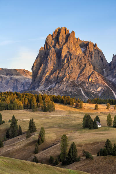 Alpe di Siusi/Seiser Alm, Dolomites, South Tyrol, Italy. Sunset on the Alpe di Siusi/Seiser Alm with the peaks of Sassolungo and Sassopiatto