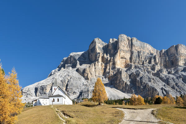 Alta Badia, Bolzano province, South Tyrol, Italy, Europe. 
 The pilgrimage church La Crusc and the la Crusc mountain