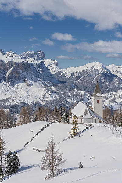 Alta Badia, Bolzano province, South Tyrol, Italy, Europe.  The pilgrimage church La Crusc and the La Crusc refuge