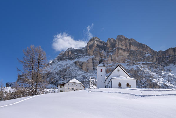 Alta Badia, Bolzano province, South Tyrol, Italy, Europe. 
The pilgrimage church La Crusc and the la Crusc mountain