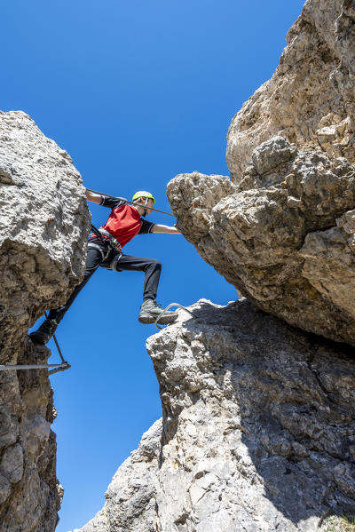 Cir, Dolomites, South Tyrol, Italy. Climber on the via ferrata of Cir V