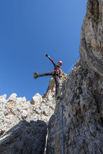 Cir, Dolomites, South Tyrol, Italy. Climber on the via ferrata of Cir V