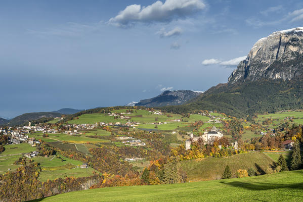 Fie, South Tyrol, Italy. Castel Presule and the village of Fie/Voels