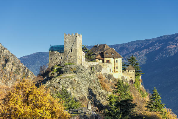 Kastelbell / castelbello, Venosta Valley, province of Bolzano, South Tyrol, Italy. Juval castle, the summer residence of the world-famous mounatineer Reinhold Messner