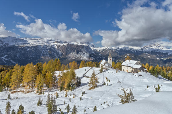 Alta Badia, Bolzano province, South Tyrol, Italy, Europe. 
The pilgrimage church La Crusc