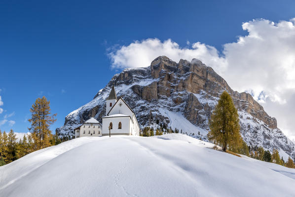 Alta Badia, Bolzano province, South Tyrol, Italy, Europe. 
The pilgrimage church La Crusc and the la Crusc mountain