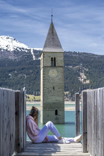 Curon/Graun, province of Bolzano, Venosta Valley, South Tyrol, Italy. The bell tower in Reschen lake (MR)