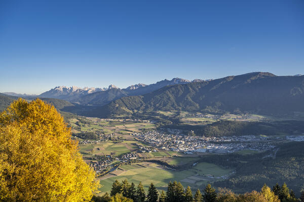 Pfalzen/Falzes, Bolzano province, South Tyrol, Italy. View from the mountain village of Kofler am Kofl to the city of Bruneck