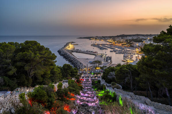 Castrignano del Capo, Santa Maria di Leuca, Salento, Apulia, Italy. The illuminated monumental waterfall of Santa Maria di Leuca