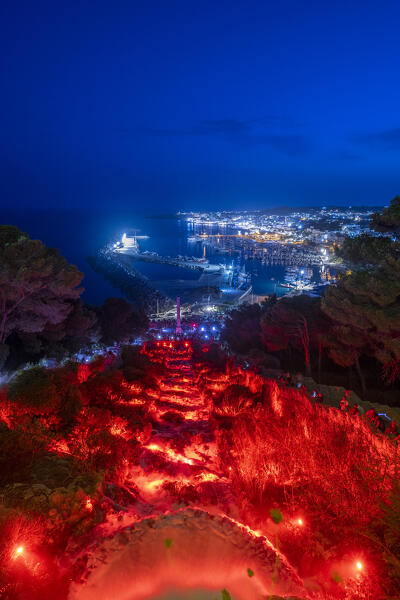 Castrignano del Capo, Santa Maria di Leuca, Salento, Apulia, Italy. The illuminated monumental waterfall of Santa Maria di Leuca