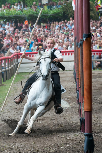 Presule, South Tyrol, Italy. The ride through posts at Castle Presule. Neither horse nor rider may touch the posts