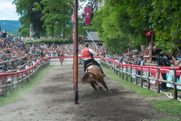 Presule, South Tyrol, Italy. The ride through posts at Castle Presule. Neither horse nor rider may touch the posts