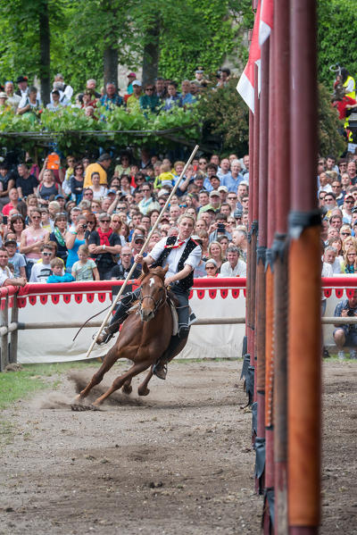 Presule, South Tyrol, Italy. The ride through posts at Castle Presule. Neither horse nor rider may touch the posts