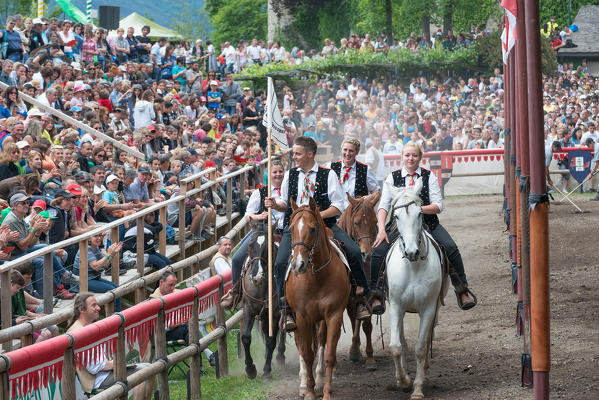 Presule, South Tyrol, Italy. Final parade of the team infront of the stands