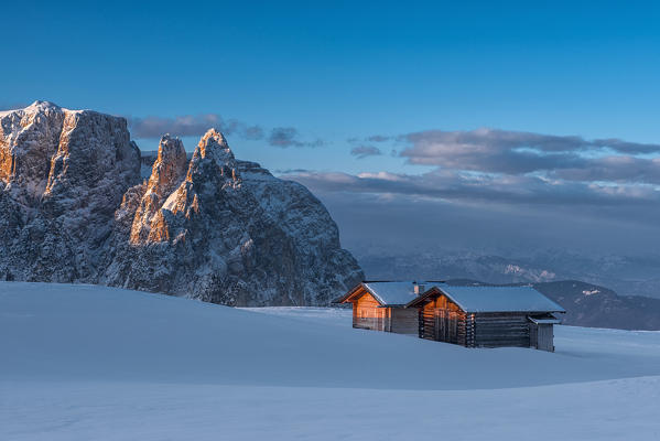 Alpe di Siusi, Dolomites, South Tyrol, Italy. Sunrise on the plateau of Bullaccia/Puflatsch. In the background the peaks of Sciliar/Schlern