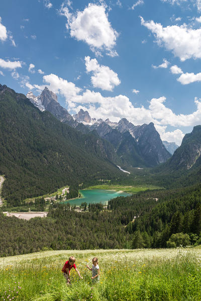 Dobbiaco/Toblach, Dolomites, South Tyrol, Italy. The Dobbiaco Lake with the Peaks of Croda dei Baranci and Croda Bagnata.