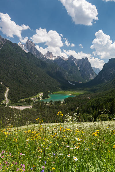 Dobbiaco/Toblach, Dolomites, South Tyrol, Italy. The Dobbiaco Lake with the Peaks of Croda dei Baranci and Croda Bagnata.