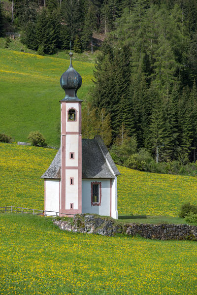 Funes Valley, Dolomites, South Tyrol, Italy. The church San Giovanni in Ranui