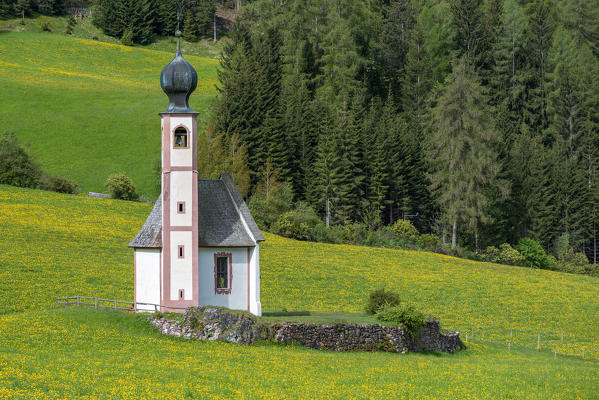 Funes Valley, Dolomites, South Tyrol, Italy. The church San Giovanni in Ranui