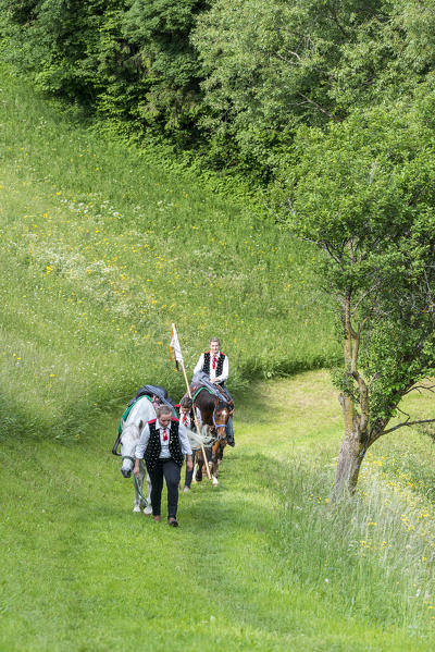 Castelrotto, South Tyrol, Italy. Participants of the Oswald of Wolkenstein Ride on the way to Castelrotto