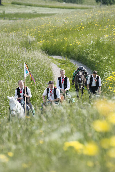 Castelrotto, South Tyrol, Italy. Participants of the Oswald of Wolkenstein Ride on the way to Castelrotto