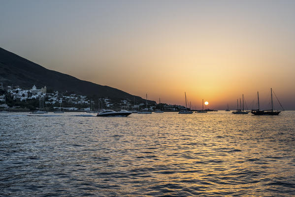 Stromboli, Sicily, Italy. Sunset over the volcanic island of Stromboli