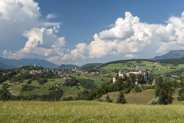 Fie, South Tyrol, Italy. Castel Presule and the village of Fie/Voels