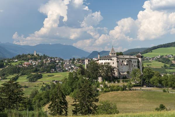 Fie, South Tyrol, Italy. Castel Presule and the village of Fie/Voels