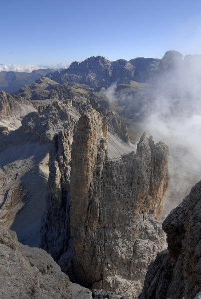 Tre Cime di Lavaredo, Dolomites, South Tyrol, Italy. Unusual view on the little peak of the Tre Cime di Lavaredo / Drei Zinnen