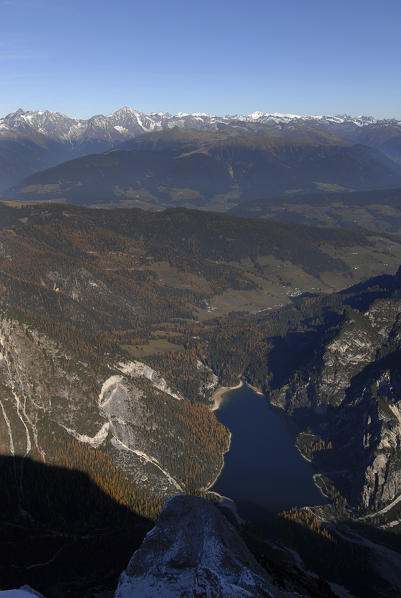 Braies/Prags, Dolomites, South Tyrol, Italy. The Lake Braies seen from summit of Croda del Becco/Seekofel