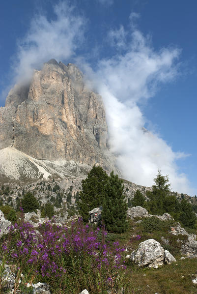 Passo Sella, Dolomites, South Tyrol, Italy. The Sassolungo seen from the city of stones