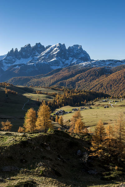 Fuciade, Dolomites, Trentino, Italy. Autumn at Fuciade. In the background the peaks of Pala di San Martino.