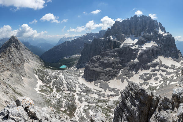 Sorapiss, Dolomites, Veneto, Italy. View from the Punta Nera on the Sorapiss Lake.