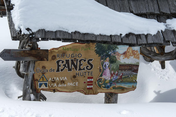 Fanes, Dolomites, South Tyrol, Italy. Indication to the refuge of Fanes