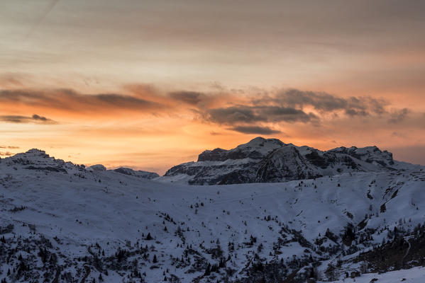 Passo Giau, Dolomites, Veneto, Italy. Sunset in the Dolomites, with the peaks of Sella