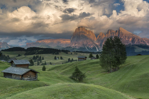 Alpe di Siusi/Seiser Alm, Dolomites, South Tyrol, Italy. Sunset on the Alpe di Siusi/Seiser Alm