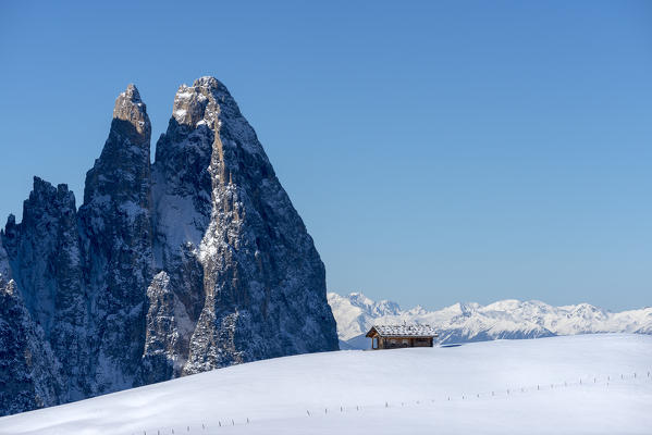 Alpe di Siusi/Seiser Alm, Dolomites, South Tyrol, Italy. Winter landscape on the Alpe di Siusi/Seiser Alm with the peaks of Euringer and Santner