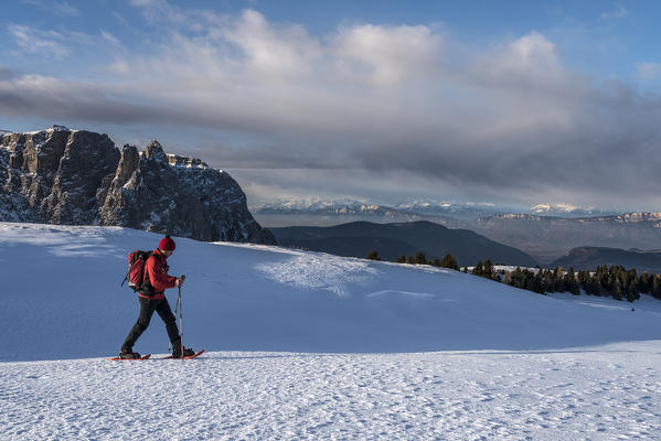 Alpe di Siusi/Seiser Alm, Dolomites, South Tyrol, Italy. Snowshoe hiker on plateau Bullaccia/Puflatsch. In the background the peaks of Sciliar/Schlern