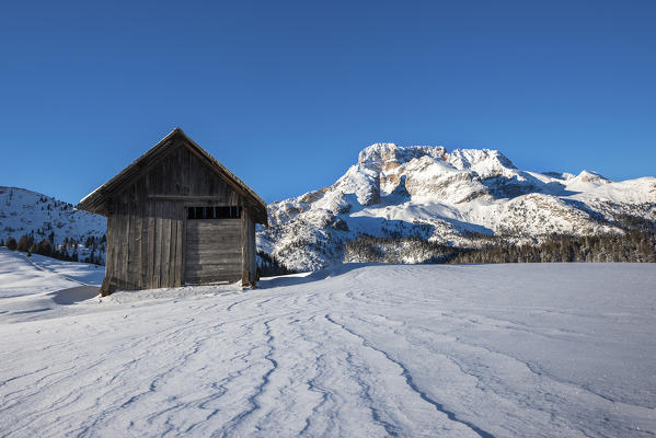 Prato Piazza/Plaetzwiese, Dolomites, South Tyrol, Italy. Winter on the Prato Piazza. In the background the Croda Rossa