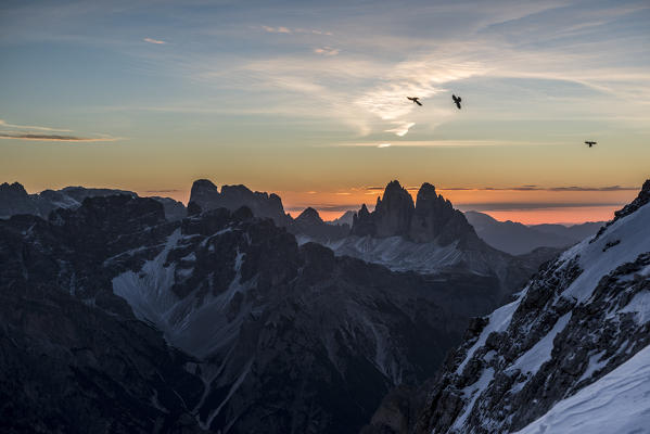 Picco di Vallandro, Prato Piazza, Dolomites, South Tyrol, Italy. Sunrise at the Tre Cime di Lavaredo / Drei Zinnen