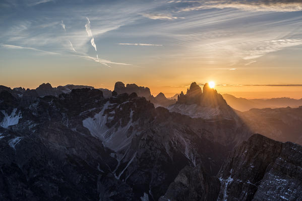 Picco di Vallandro, Prato Piazza, Dolomites, South Tyrol, Italy. Sunrise at the Tre Cime di Lavaredo / Drei Zinnen