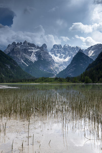 Carbonin, Dolomites, South Tyrol, Italy. Lake Landro with the peaks of the Cistallo group 