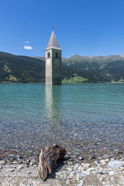 Curon/Graun, Venosta Valley, South Tyrol, Italy. The bell tower in Reschen lake