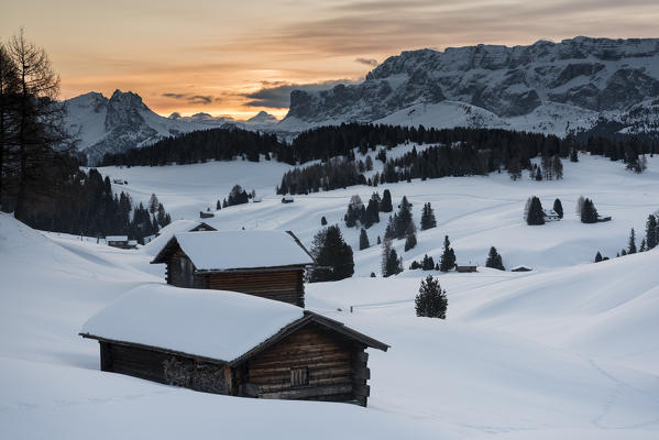 Alpe di Siusi/Seiser Alm, Dolomites, South Tyrol, Italy. Sunrise on the Alpe di Siusi / Seiser Alm