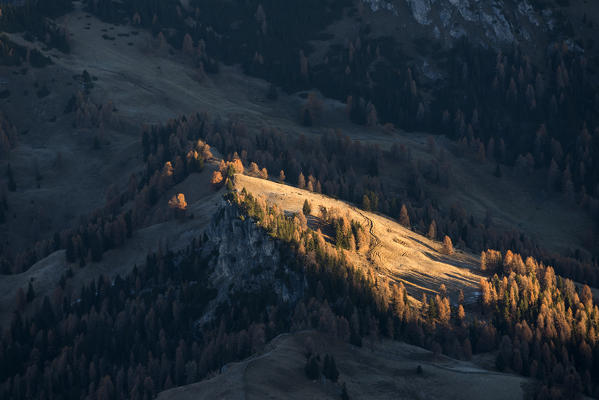 Picco di Vallandro, Dolomites, South Tyrol, Italy. View from the summit of Picco di Vallandro / Duerrenstein to the pastures of Sarlwiesen